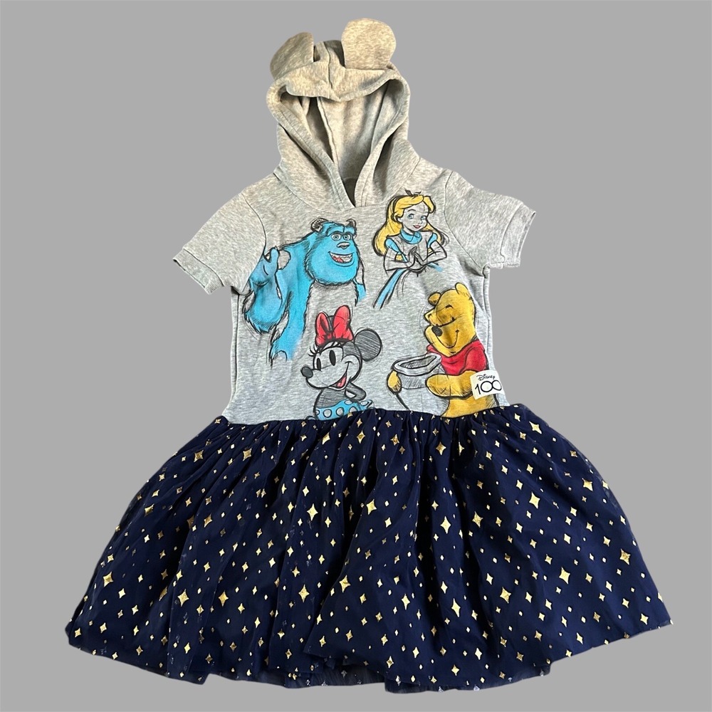 Disney 100 Grey Sweater Dress Girl's Size Medium Grey Short Sleeve Hooded Tutu